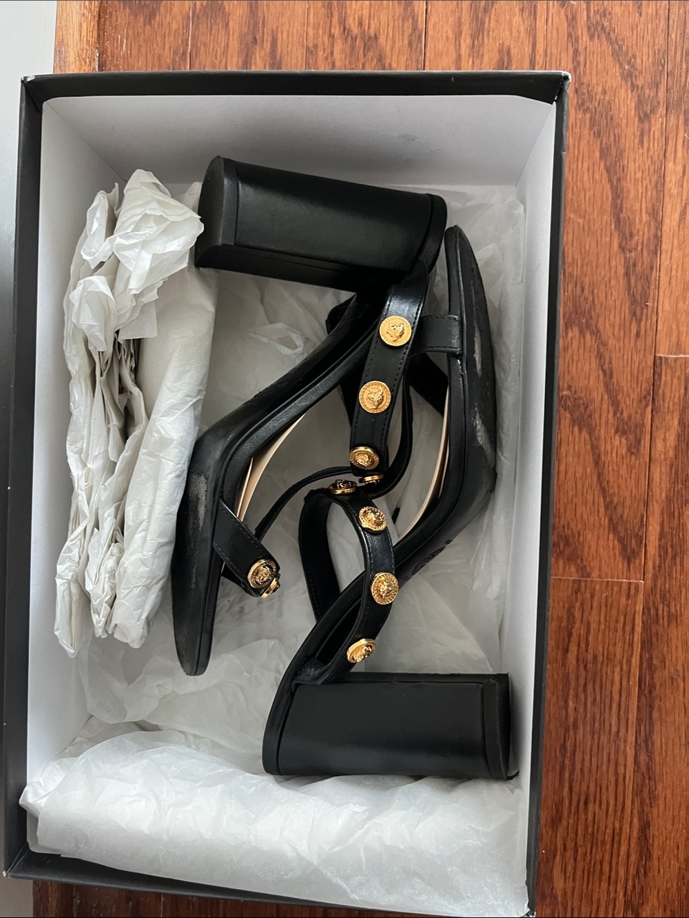 Versace Black Leather T-Strap Block Heel Mules with Gold Medallions - Picture 8 of 9